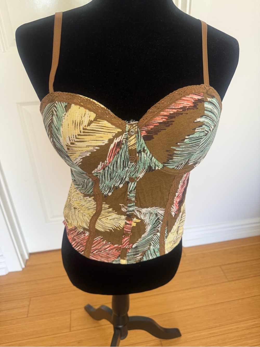 Tropical Feather Print Top in Brown, Mint, Yellow